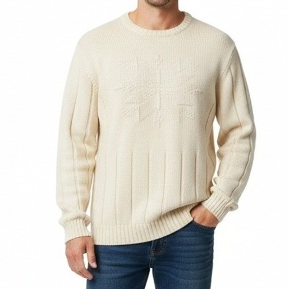 Van Heusen Sweater Mens L Cream Snowflake Ribbed Knit Ramie Cotton Pullover